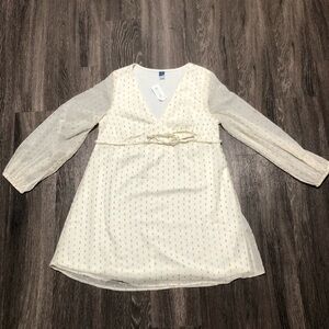 Old Navy White & Gold Clip-Dot Long Sleeve Mini Dress XS Petite Boho Holiday